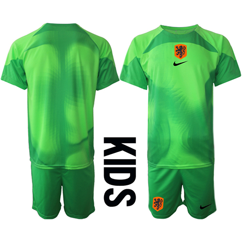 Camisa de time de futebol Holanda Goleiro Replicas 1º Equipamento Infantil Mundo 2022 Manga Curta (+ Calças curtas)